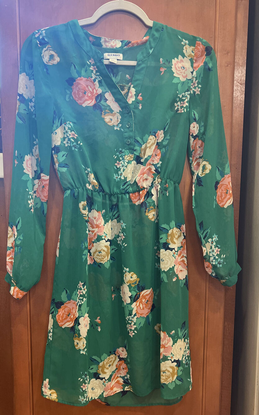 Old Navy Sheer Cinched Green Floral Dress Women’s Size X-S